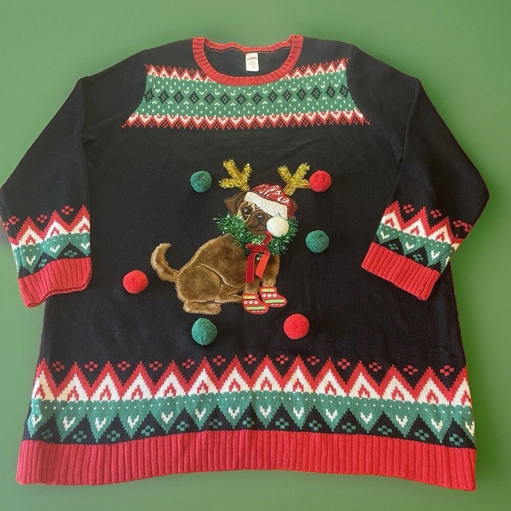Women's Plus 2X Ugly Christmas Sweater Holiday Time Pug Reindeer Festive